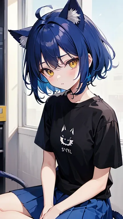 1 girl, 8-year-old, Wearing a black T-shirt, wearing a short blue skirt, Blue Hair, Yellow Eyes,Cat ear