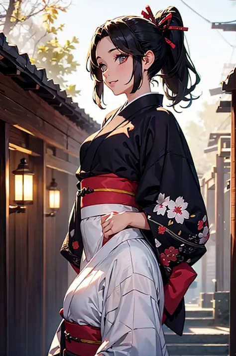 (((beautiful))), (((yukata, kimono))), ((Black Hair, ponytail, ribbon)), Small breasts, Sweat, (((Intricate details))), High resolution, ((Intricate details, Ultra-detailed)), whole body, Are standing, looking at the camera, Red cheeks, smile, night, shrin...