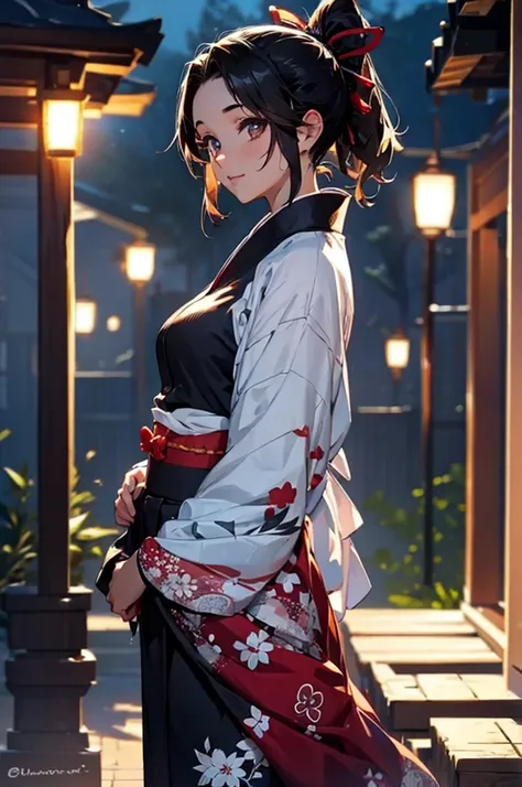 (((beautiful))), (((yukata, kimono))), ((Black Hair, ponytail, ribbon)), Small breasts, Sweat, (((Intricate details))), High resolution, ((Intricate details, Ultra-detailed)), whole body, Are standing, looking at the camera, Red cheeks, smile, night, shrin...