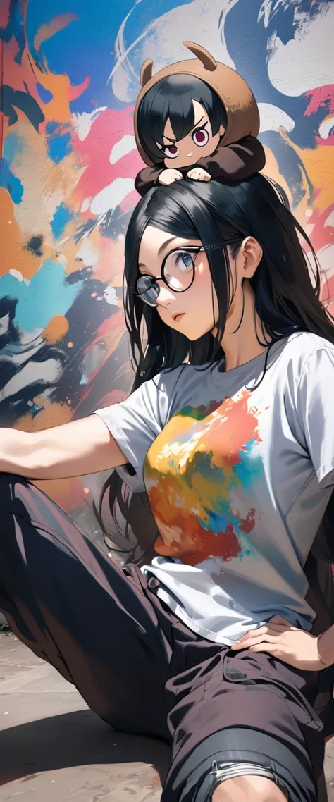 Make a photo of an anime character in the manga series (ONE PIECE) named (NICO ROBIN) with long black hair, glasses attached to the top of his head and wearing a closed hip-hop shirt, long loose hip-hop pants. Sitting, with a colorful abstract painting bac...