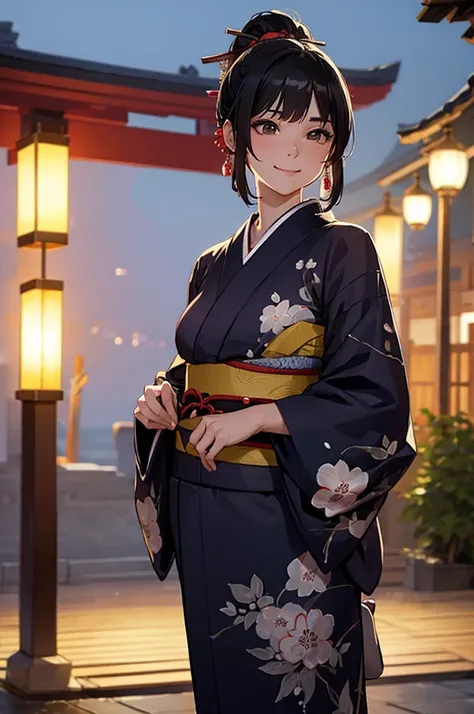 (((beautiful))), (((yukata, kimono))), ((Black Hair, ponytail, ribbon)), Small breasts, Sweat, (((Intricate details))), High resolution, ((Intricate details, Ultra-detailed)), whole body, Are standing, looking at the camera, Red cheeks, smile, night, shrin...