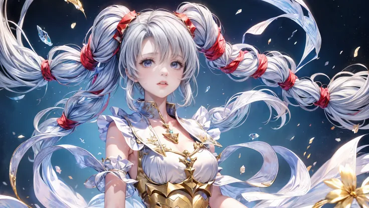 Twin tails,(Highest quality, 8k, CG, 美しく詳細なwhole body, , girl, Transparent coat dress, Floral Background, Complex facial features, length, Floating Hair, Almond Eye, Exquisite eye makeup, length eyelashes fluttering, Blinking big eyes, Starry Sky, Delicate...