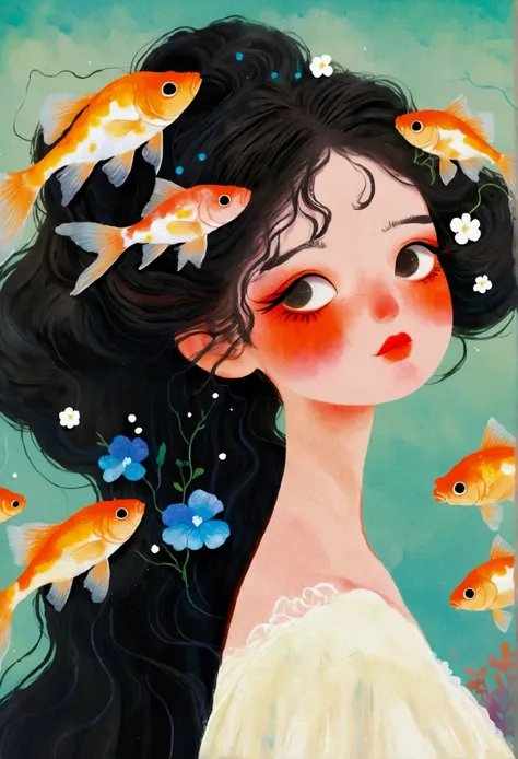 Painting of a woman with goldfish in her hair、Jin Nong&#39;s Surrealism、Black Hair、Japanese、Pop Surrealism、Color illustrations、Beautiful artistic illustrations、Colorful illustration、Pop Surrealismアートスタイル、Digital illustration style、Fantasy Illustration、Illu...