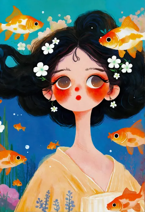 Painting of a woman with goldfish in her hair、Jin Nong&#39;s Surrealism、Black Hair、Japanese、Dynamic pose、Pop Surrealism、Color illustrations、Beautiful artistic illustrations、Colorful illustration、Pop Surrealismアートスタイル、Digital illustration style、Fantasy Illu...