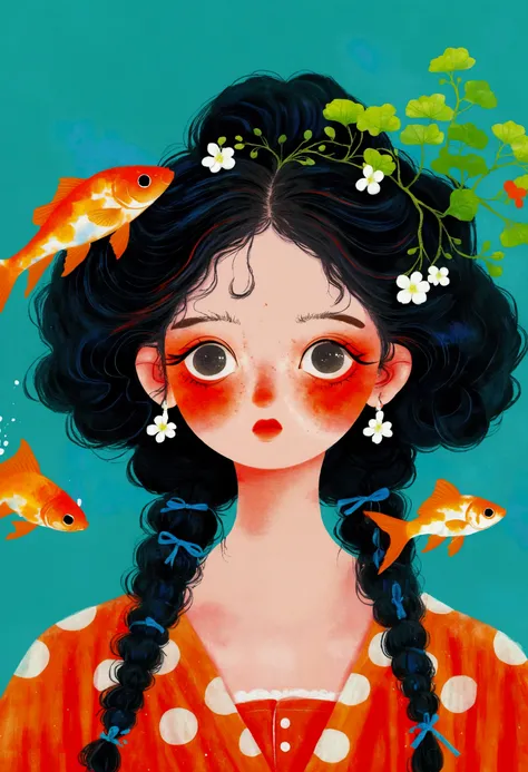Painting of a woman with goldfish in her hair、Jin Nong&#39;s Surrealism、Black Hair、Japanese、Dynamic pose、Pop Surrealism、Color illustrations、Beautiful artistic illustrations、Colorful illustration、Pop Surrealismアートスタイル、Digital illustration style、Fantasy Illu...