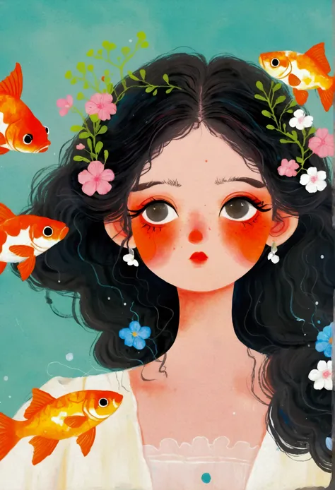 Painting of a woman with goldfish in her hair、Jin Nong&#39;s Surrealism、Black Hair、Indian、Dynamic pose、Pop Surrealism、Color illustrations、Beautiful artistic illustrations、Colorful illustration、Pop Surrealismアートスタイル、Digital illustration style、Fantasy Illust...