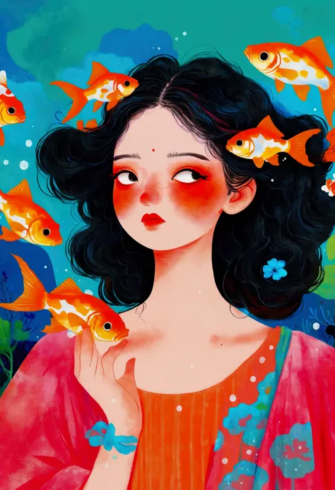Painting of a woman with goldfish in her hair、Jin Nong&#39;s Surrealism、Black Hair、Indian、Dynamic pose、Pop Surrealism、Color illustrations、Beautiful artistic illustrations、Colorful illustration、Pop Surrealismアートスタイル、Digital illustration style、Fantasy Illust...