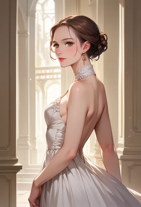 Score_9, score_8_up, score_7_up, rating explicit, detailed soft lighting, 1girl, solo, BREAK (padmeamidala, brown hair, hair bun, brown eyes, medium breasts1.2), wearing (elegant Grecian dress:1.3), (masterpiece, best quality, highly detailed, beautiful).