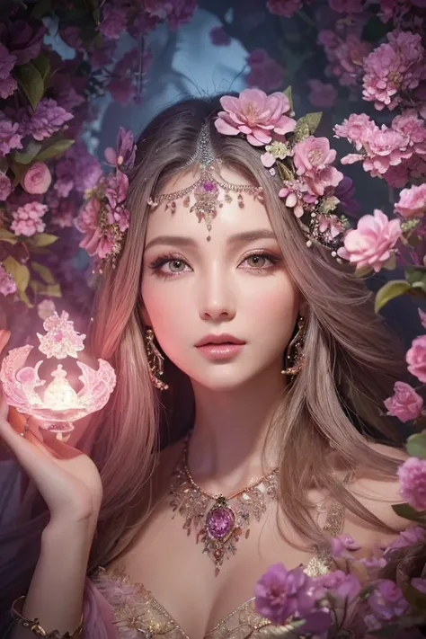 ((Masterpiece,Ultra-high resolution, high resolution, 8k,  Fractal Art,Octane, Fantastic,Aesthetic,Intricate details)) From fantasy,Beautiful dusky pink flower goddess fortune teller,Mysterious presence,Emitting a mystical aura,Gemstone Garden, Elegant and...