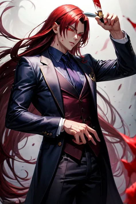 A handsome vampire man hold a knife with blood on his suit. Long hair and red eyes