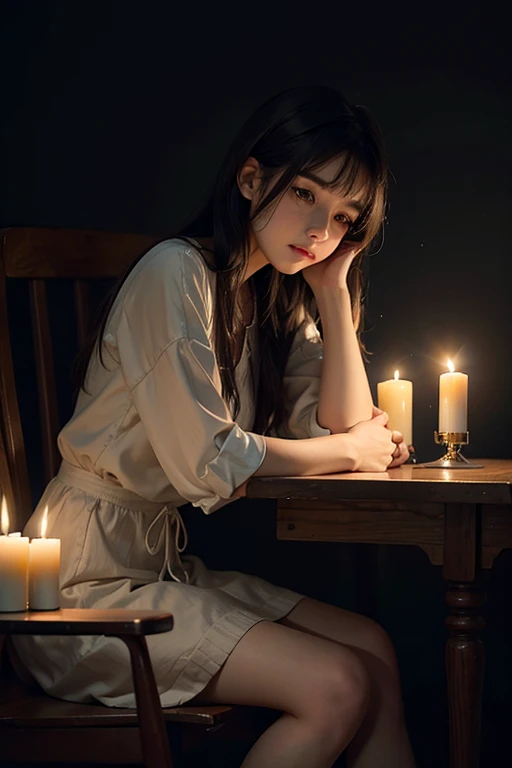 Sad girl sitting on a chair with candle lights