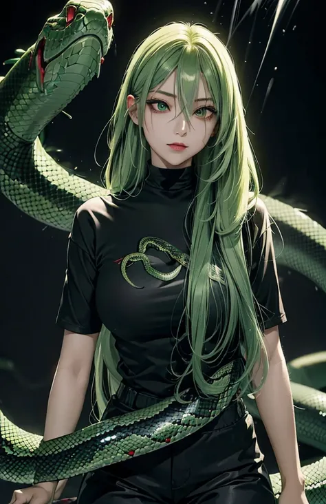 Woman with long hair straight, green hair, high detailed, realistic, ultra realistic, villain, black shirt and short pant, green acid spray mouth, ((red snake eyes))