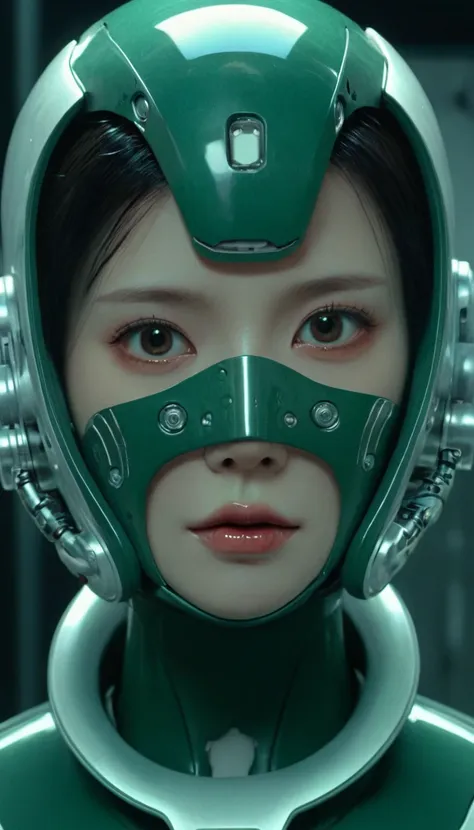 35mmm,sci-fi,dark green,ultra realistic,4k intricate detail, highly detailed, futuristic bionic human  with a robotic body but h...