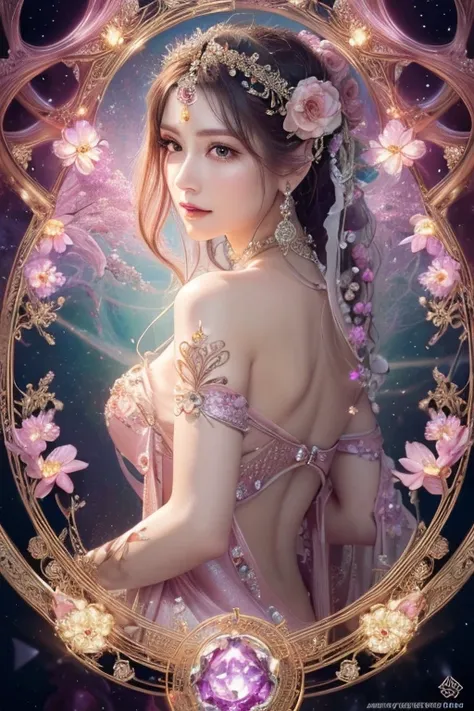 ((Masterpiece,Ultra-high resolution, high resolution, 8k,  Fractal Art,Octane, Fantastic,Aesthetic,Intricate details)) From fantasy,Beautiful pale pink flower goddess fortune teller,Mysterious presence,Emits a powerful, mysterious aura from bottom to top,G...