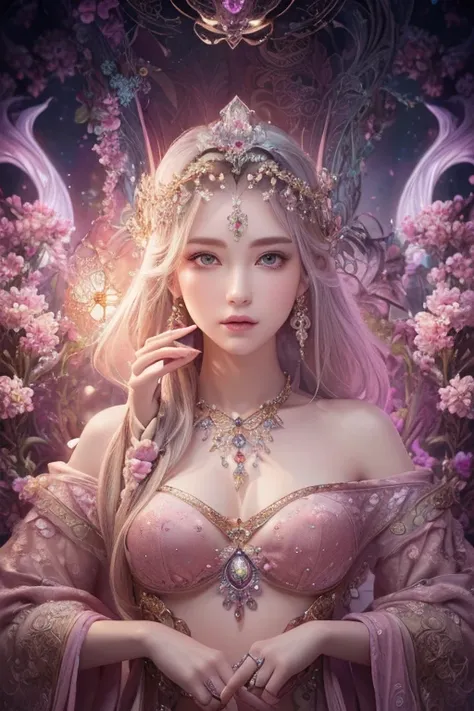 ((Masterpiece,Ultra-high resolution, high resolution, 8k,  Fractal Art,Octane, Fantastic,Aesthetic,Intricate details)) From fantasy,Beautiful pale pink flower goddess fortune teller,Mysterious presence,Emits a powerful, mysterious aura from bottom to top,G...