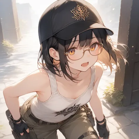 score_9, score_8_up, score_7_up, source_anime, best quality, masterpiece, official art, absurdres, highres, ultra-detailed,waifu2x,Collection: Slice of Life,break,1girl, fantasy world, short hair, glasses, small breasts, cap, tank top, cargo pants, open mo...