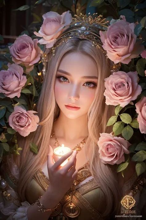 ((Masterpiece,Ultra-high resolution, high resolution, 8k,  Fractal Art,Octane, Fantastic,Aesthetic,Intricate details)) From fantasy,Blessed with beautiful pale pink roses,Goddess Fortune Teller,A deeply carved face reminiscent of Nordic mythology,mysteriou...