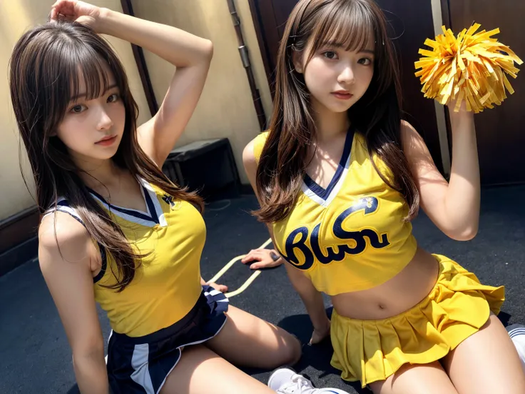 masterpiece, best quality, illustration, Super detailed, fine details, High resolution, 8K,wall paper, perfect dynamic composition,(Details High quality, realistic depiction of eyes:1.3), (3 girls), BREAK (cheerleader uniform with yellow as basic color:1.3...