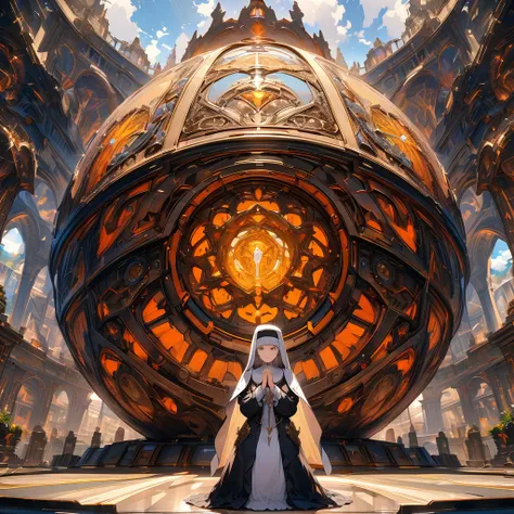 Nun praying in front of a giant mechanical egg, detailed background, detailed depiction, 4K, UHD, absurd, ultra high quality, masterpiece,