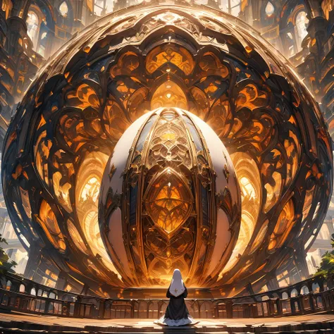 Nun praying in front of a giant mechanical egg, detailed background, detailed depiction, 4K, UHD, absurd, ultra high quality, masterpiece,