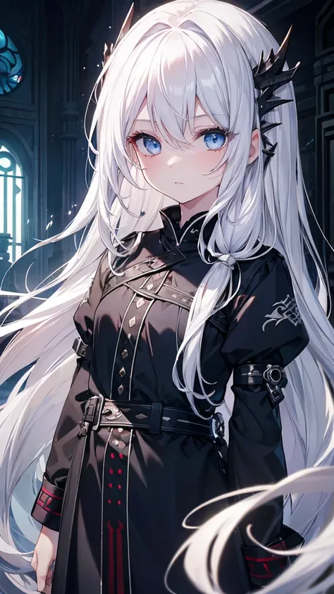 ,girl,Highest quality,,Silver Hair,,blue eyes,,White skin,Sleepiness,Long Hair,,Half an eye,rock,Restraints,small胸,,Dragon Horn,,Tattoo,small,Dragon&#39;s Wing,Gothic Dress,lightning