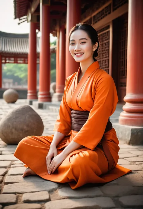 An ultra hot gorgeous European woman.age 23, dressed in orange monk sitting cross-legged on the ground smiling happily at you, hands clasped together, against an ancient temple background with soft lighting. She’s levitating. She’s not touching the ground....