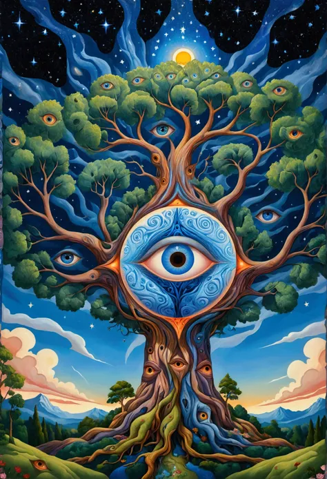 a painting of a tree with blue eyes and stars in the sky, a surrealist painting inspired by Alex Grey, shutterstock, psychedelic art, brain tree eye holy grail, third - eye visions, visionary painting, highly detailed visionary art, visionary art style, vi...