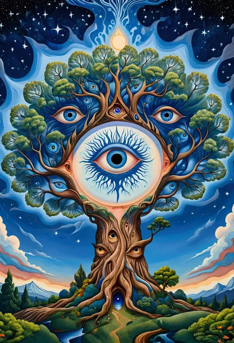 a painting of a tree with blue eyes and stars in the sky, a surrealist painting inspired by Alex Grey, shutterstock, psychedelic art, brain tree eye holy grail, third - eye visions, visionary painting, highly detailed visionary art, visionary art style, vi...