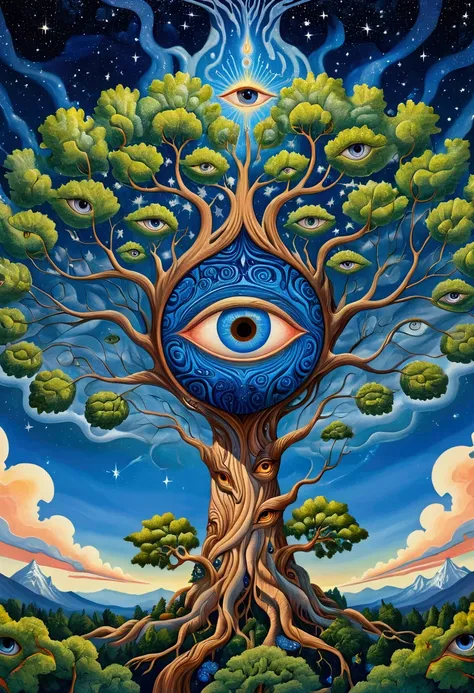 a painting of a tree with blue eyes and stars in the sky, a surrealist painting inspired by Alex Grey, shutterstock, psychedelic art, brain tree eye holy grail, third - eye visions, visionary painting, highly detailed visionary art, visionary art style, vi...