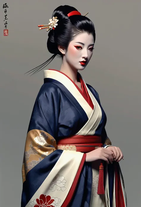 Need to create concept art of a geisha for an MMORPG, centered on a Japanese setting. A geisha should inspire grace, sophistication and mystery, typical of Japanese culture. Picture her in a traditional kimono with details, reflecting her status and profes...