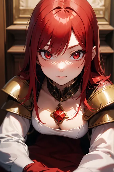 A girl with red hair and red eyes wearing a Reveling female armor with a red cape with a castle hallway background as a close up face pic of her 