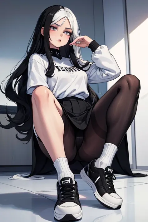 Age 22, White skin girl, almost speaks, Bblack hair, extremely long hair, Cramped, black pantyhose, black sneakers, Bblack hair, hair between the eyes, White hair, cloused mouth, range, cabelo bagunçado saia formal Bblack hair grande extremely long hair ol...