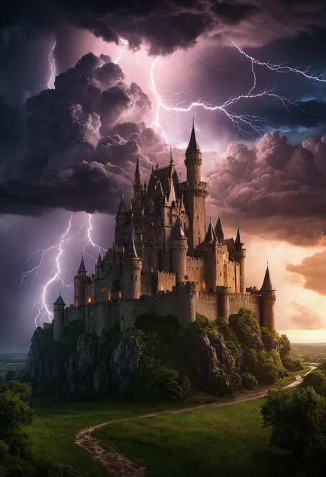 Create a highly detailed and epic scene, stormy sky with flashes of lightning illuminating thick, roiling clouds, casting an eerie, apocalyptic glow in the foreground, a castle