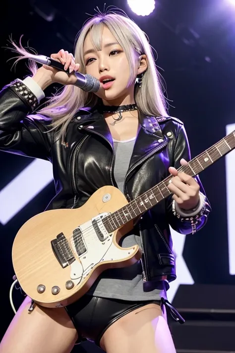 On a live stage, beautiful Japanese teenage band idols with big breasts and silver hair, wearing underwear, spread their legs wide and play the guitar.、Punk Fashion、Black leather jacket with studs