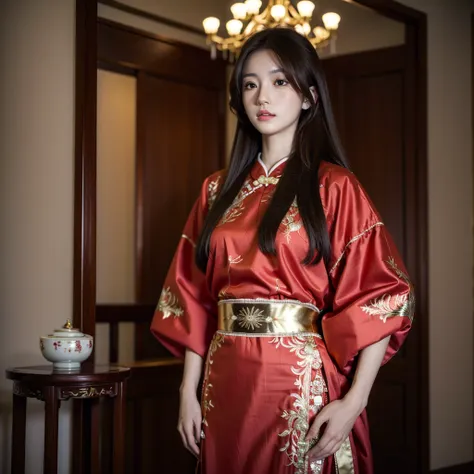 ((Highest quality)), ((masterpiece)), (detailed), （Perfect Face）、The woman is Ogiso Setsuna, with light brown, medium-long hair and is wearing a gorgeous red long-slit wedding Chinese dress with gold embroidery and trim.