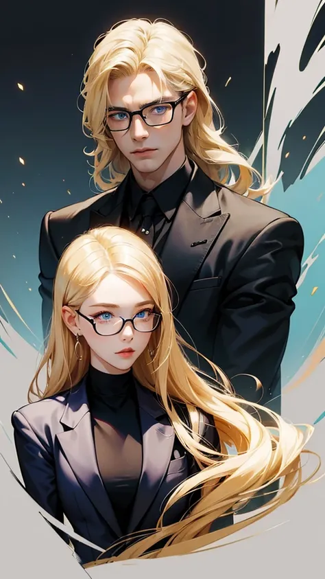 With anime style illustrations、A young man and woman couple appears。The man has blue eyes、Wearing a black suit jacket。The woman is blonde and wears glasses.、She&#39;s wearing soft pink clothes。The two of them pose intimately、The background has vibrant blue...