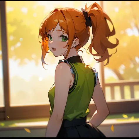 Masterpiece, best quality, high quality,1Girl, Solo, 8k, Sharp focus, (Bokeh) (highest quality) (Detailed skin) (Intricate details) (anime)、has Orange Hair, has Beautiful Green eyes, has Side Ponytail, wears Sleeveless shirt with Black Skirt, Upper body cl...