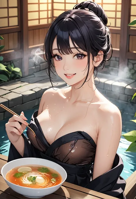  One woman，Enter the hot spring、smile、soup smoke、blouse、Wet Hair、Transparent nipples、Updo、Black Hair、