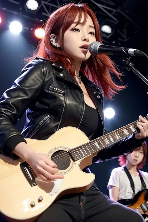 Beautiful Japanese teenage band idols with big breasts and red hair playing guitars in black underwear on a live stage、Punk Fashion、Black leather jacket with studs