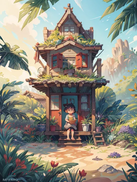 super wide perspective, outdoors, a beautiful white colored old cabin, flower fields, mountains, blue doors and windows, beach side, windy, moody weather, sand, tropical plants, stairs, amazing sky, ghibli anime scene, pots with tropical leafy plants, whit...