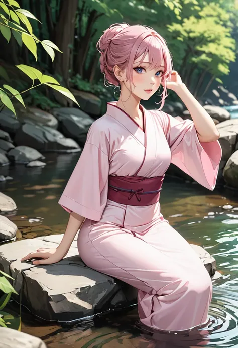  woman，Enter the river、Clear Stream、Clean water、Riverbank、Pale pink kimono、Wet Hair、Updo