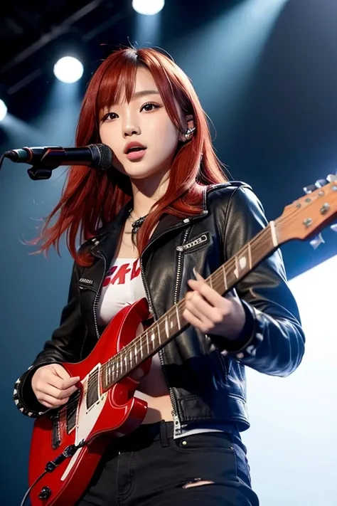 Beautiful Japanese teenage girl band idol with medium breasts and red hair plays guitar on live stage wearing black underwear、Punk Fashion、Black leather jacket with studs