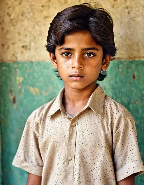 Indian sad boy, 8 years old, light Brown eyes, delicate freckled dursrty skin, very little simple 90s hair style, beautiful Prince body, dursty Sloppy Shirt & Pants Dress