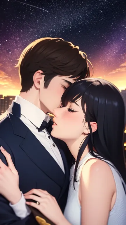 Scene 5: The Kiss and the Future
**Description:** A close-up of Lucas and Sofia kissing under the moonlight. Ao fundo, the stunning view of the city and stars. Lucas is holding the canvas with the painting and a small shell with a heart drawn on it.. The a...