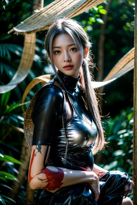 Prompt: ((best quality)), ((masterpiece)), (detailed), perfect face, silver hair, black eyes, lips, assassins sexy clothes, realistic, 30 years old, Asian, perfect body, perfect hands,  mythology creature, in the forest, full body potrait