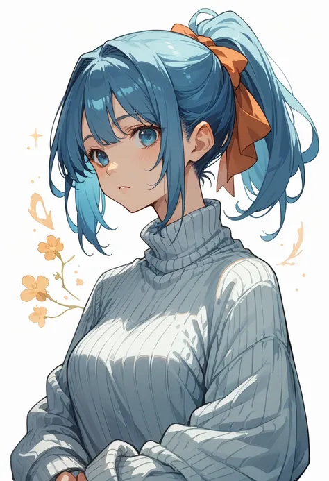 Anime-style woman in her 20s with blue hair in a ponytail and wearing a ribbed knit sweater