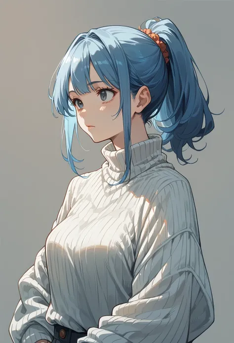 Anime-style woman in her 20s with blue hair in a ponytail and wearing a ribbed knit sweater