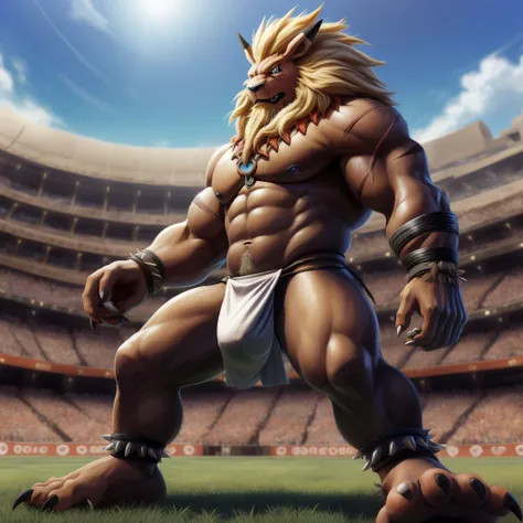 Furry, Kemono, Leon, Leomon, Digimon, solo, Antro body, Bigg Ass, Male Bulge, masculine, Full body, Feet, Braided Mane, Black leather harness, Spiked Anklet, White fitted fundoshi, (white Fundoshi) , Roman arena with public in the stands, Blue Sky Backgrou...