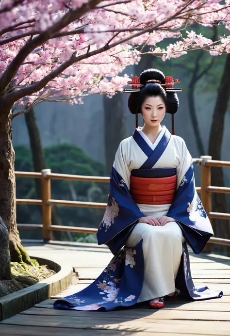 Необходимо создать concept-арт гейши для MMORPG, centered on a Japanese setting. full length, concept, full length пероснаж, A geisha should inspire grace, sophistication and mystery, typical of Japanese culture. sitting. gracefully. 