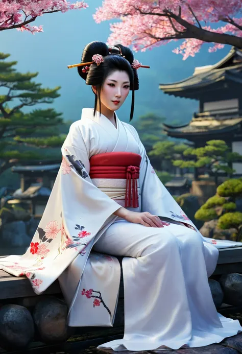 Необходимо создать concept-арт гейши для MMORPG, centered on a Japanese setting. full length, concept, full length пероснаж, A geisha should inspire grace, sophistication and mystery, typical of Japanese culture. sitting. gracefully. 